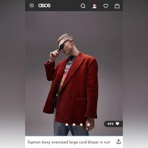 Topman boxy oversized large cord blazer in rust .